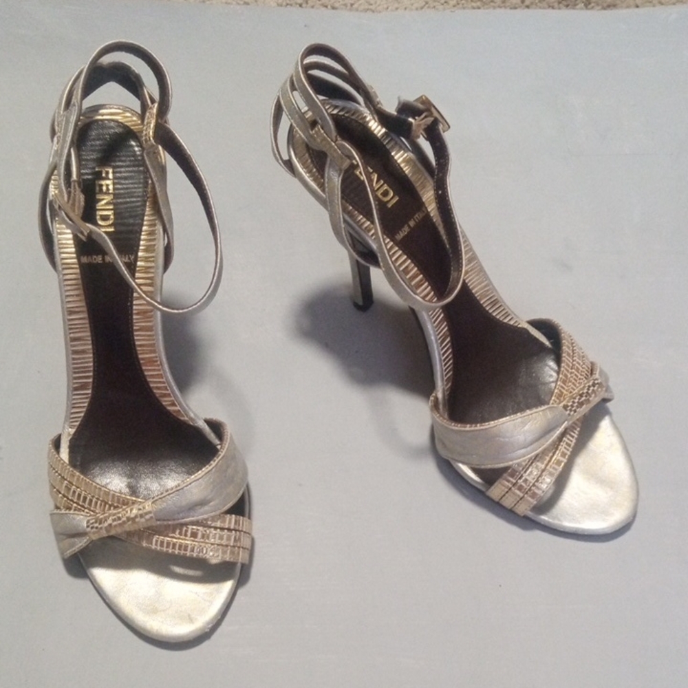 Fendi Silver Strappy Heels, Size 6.5 (US)